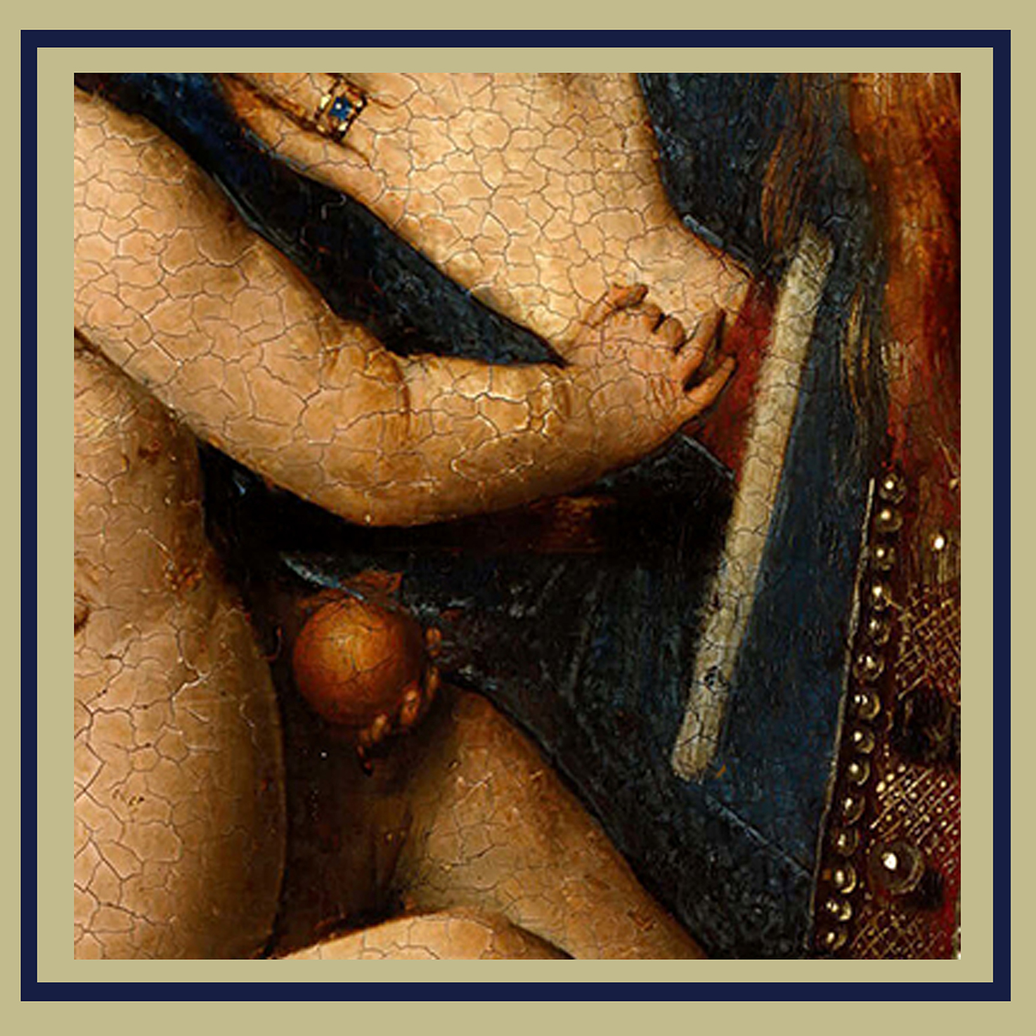 Персик в руке младенца на картине Ван Эйка Мадонна Лукка